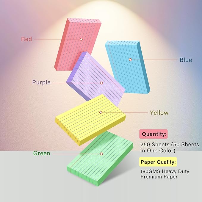 250 Count Colored Index Cards 3x5, 180gsm Heavy Weight Flash Cards, Ruled Index Cards, 5 Color (50 Sheets Each), Portable Note Taking for Students, Teachers, Study Note Cards for Office Home School