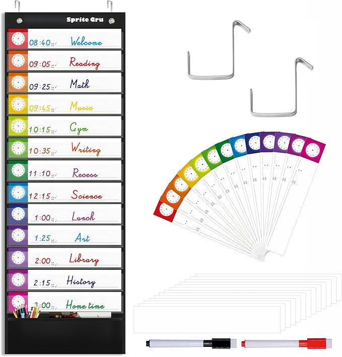 Daily Schedule Pocket Chart, Classroom Charts with 13+1 Pockets, 13 Double-Sided Reusable Colored Cards, 13 Blank Ones and 2 Over-Door Mounting Hangers Include (Black, 13” x 36”)