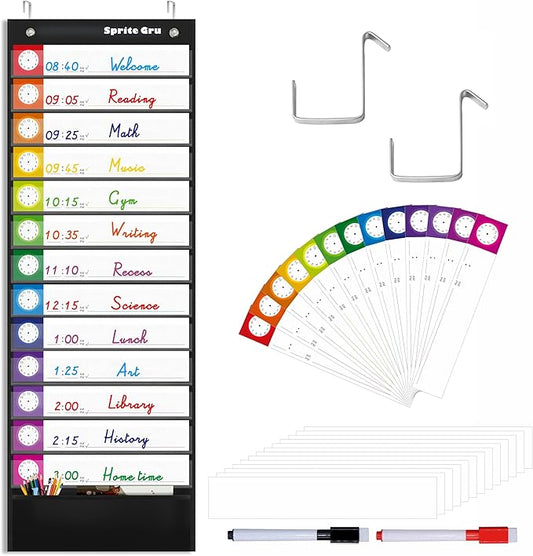 Daily Schedule Pocket Chart, Classroom Charts with 13+1 Pockets, 13 Double-Sided Reusable Colored Cards, 13 Blank Ones and 2 Over-Door Mounting Hangers Include (Black, 13” x 36”)