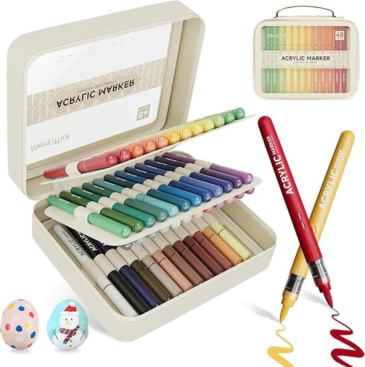 MemOffice Direct Liquid Acrylic Paint Markers, 48 Colors Brush Tip Pens with Carrying Case, No Bleed, Waterproof, for Rock, Wood, Canvas, Glass, Fabric, DIY Crafts for Adults