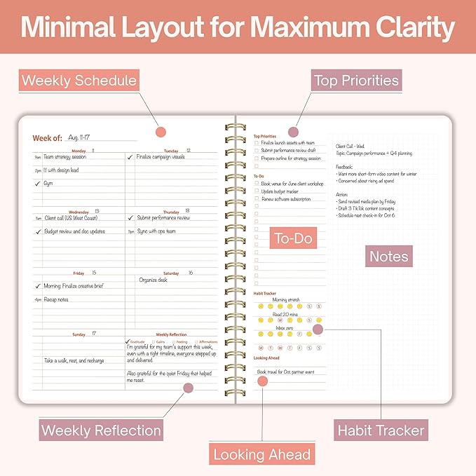 Undated Weekly Planner, 8.5" x 11", Dashboard Layout with Yearly Review, Monthly Calendars, & Weekly To Do List, Spiral Bound Organizer for Work, Study & Life (Blush White)