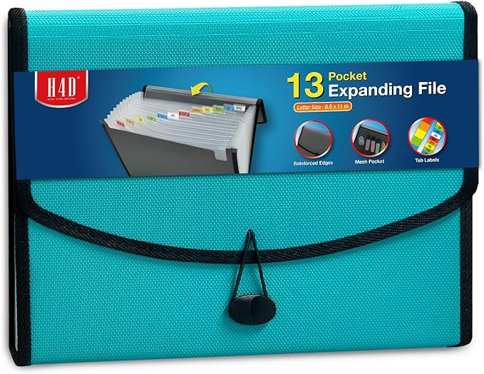 H4D 13-Pocket Accordion File Organizer with Mesh Pocket, Expanding File Folder with Tabs, Expandable Document Organizer for Home Office School, Letter Size, Teal