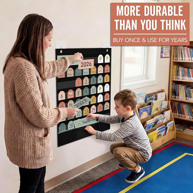 Classroom Monthly Calendar Pocket Chart for Kids Learning, 105 Cards Black Wall Calendar and Weather, Teacher Supplies for Kindergarten Preschool Elementary Homeschool Must Have