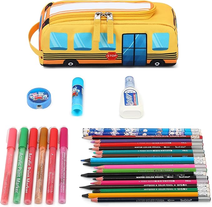 LEDAOU Cute Pencil Case for Kids Girls Boys Pencil Pouch kawaii Pen Pencil Box Bag Holder for School Students (Yellow School Bus)