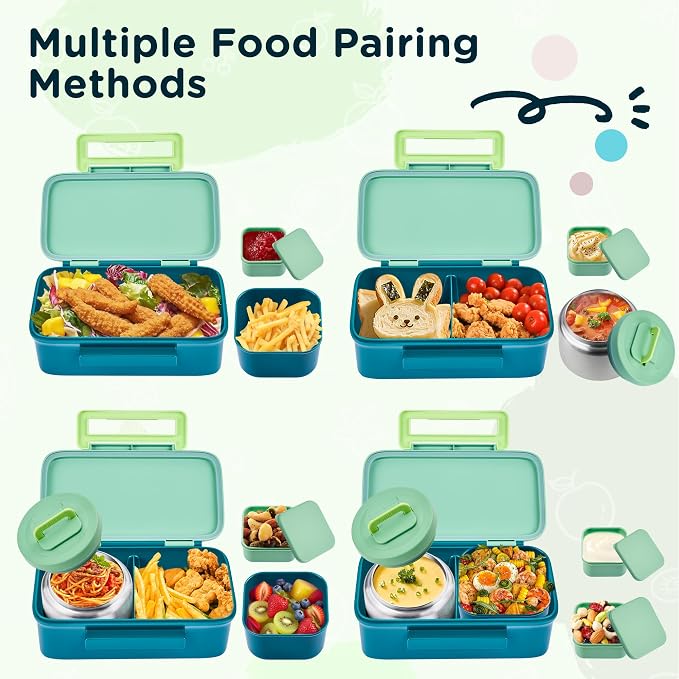 MAISON HUIS Bento Box for Kids with 8oz Soup Thermo, Insulated Lunch Bag & 17oz Water Bottle, 2-Compartment Bento Box with Built-In Ice Pack, Leak-Proof & BPA-Free (Green)