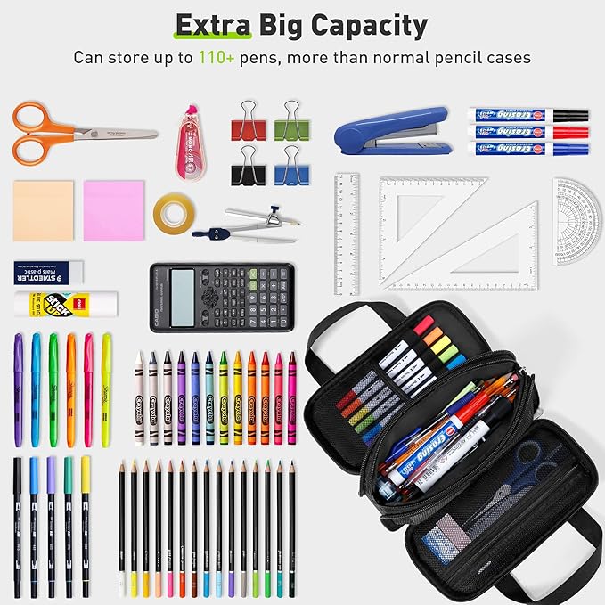 Zannaki Large Pencil Case, Big Capacity Pencil Pouch Pen Bag with 3 Compartment, Portable Canvas Stationery Organizer with Zipper, Cute Aesthetic School Supplies for Teen Girls Boys College,Black