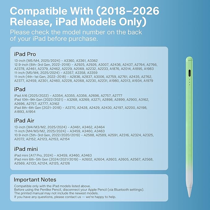 Stylus Pen for iPad 2018-2026, 2X Fast Charge Active Pencil with Tilt Sensitivity & Palm Rejection, iPad 11/10/9/8/7/6/A16, Air M4/M3/M2, Pro M5/M4, Mini 7/6/5 (Green)