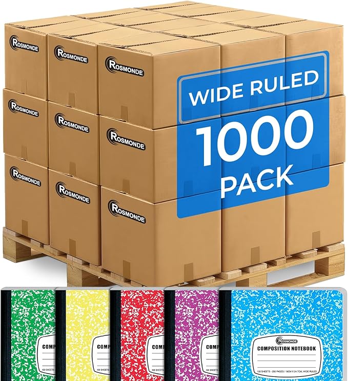 Rosmonde 1000 Pack (Pallet) Composition Notebooks Bulk, Wide Ruled, Pallet of Composition Notebooks, 100 Sheets (200 Pages), 9-3/4 x 7-1/2, Bulk Notebooks for School & Office, 4-7 Days Transit