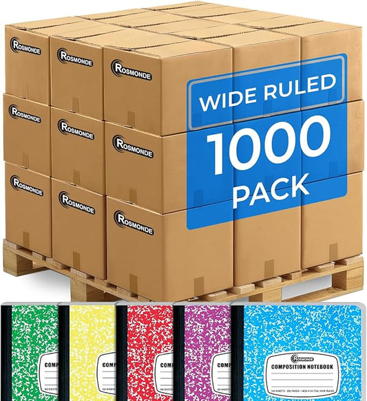 Rosmonde 1000 Pack (Pallet) Composition Notebooks Bulk, Wide Ruled, Pallet of Composition Notebooks, 100 Sheets (200 Pages), 9-3/4 x 7-1/2, Bulk Notebooks for School & Office, 4-7 Days Transit