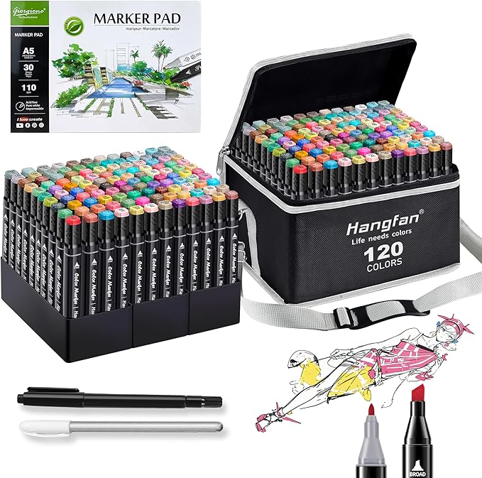 Alcohol Based Ink Art Markers, 120 Colors Broad&Fine Dual Tip Permanent Markers Pen Set for Professional Student Child Coloring Illustrations Sketch Drawing Painting Card Making (Black)
