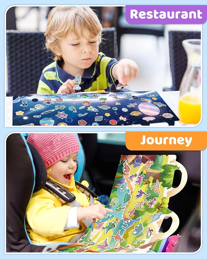 Benresive Reusable Sticker Book for Toddlers, Stickers for Kids, Travel Toys for Arts & Crafts Activities, Birthday Gift for Boys & Girls, Dinosaurs, Space and Body Themes