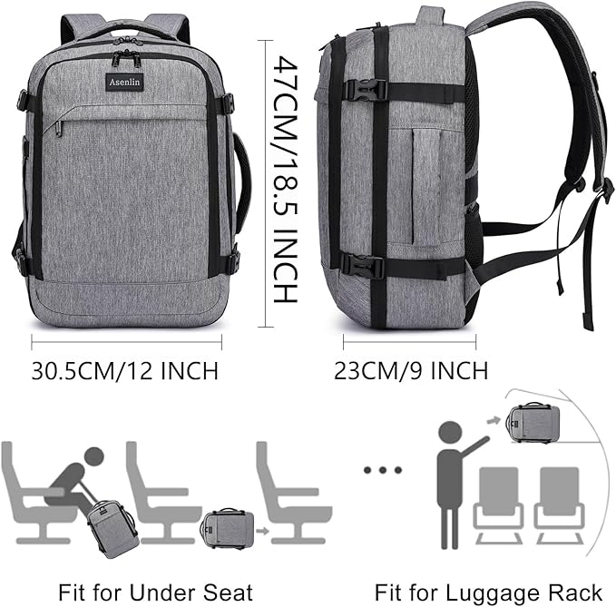 Asenlin Travel Backpack for Women Men,Flight Approved Carry On Luggage 40L Water Resistant Business Laptop Backpacks Fits TSA 17.3 Inch Computer College Weekender Outdoor Hiking-Grey