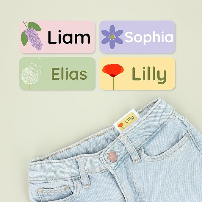 Personalized Name Labels for Kids (60) – Custom Waterproof & Durable Stickers for Clothing, Daycare, Office & School Supplies - Flowers