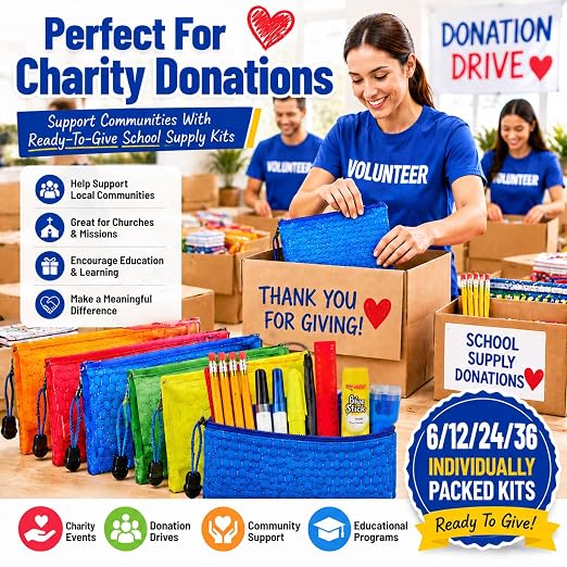 36 Pack School Supplies Bundle Bulk,Individually Wrapped Classroom Kits for Nonprofit Outreach,Community Support,Donation Campaigns and Group Distribution