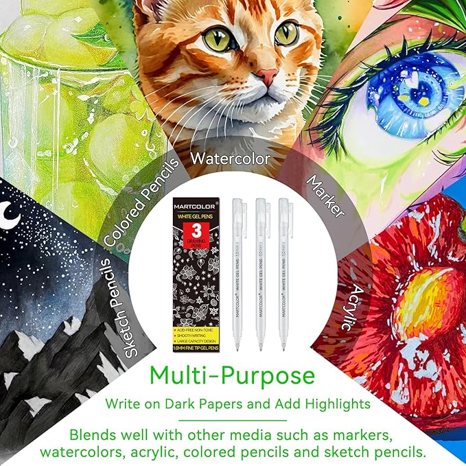 MARTCOLOR White Gel Pens, 1.0mm Fine Point Opaque Archival Ink Pen for Black Paper Drawing, Art Highlight, Illustration, Bullet Journaling, Card Making & DIY Projects, 3 Pack