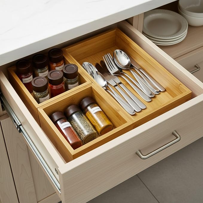 Bamboo Drawer Organizer Tray for Makeup, Jewelry, Office Supplies & Bathroom Essentials, Small Wooden Storage Bin for Vanity, Desk & Kitchen Drawers, 5.9 x 5.1 x 2.4 Inch