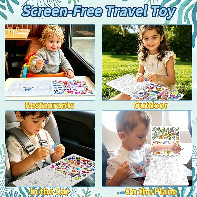 Elfew Search and Find Sticker Book for Kids Ages 3-8, Dinosaur and Ocean Animal Sticker Activity Book for Kids with 20 Theme, Over 400+ Stickers, Toddler Educational Travel Toys