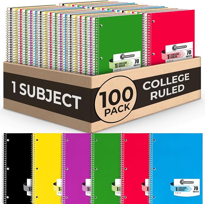 Rosmonde 100 Pack, 1 Subject Spiral Notebook College Ruled Bulk, 140 Pages (70 Sheets), Thick No-Bleed Paper, 8 x 10-1/2", 3 Hole Punched, College Ruled Notebook 1 Subject Bulk, Subject Notebook