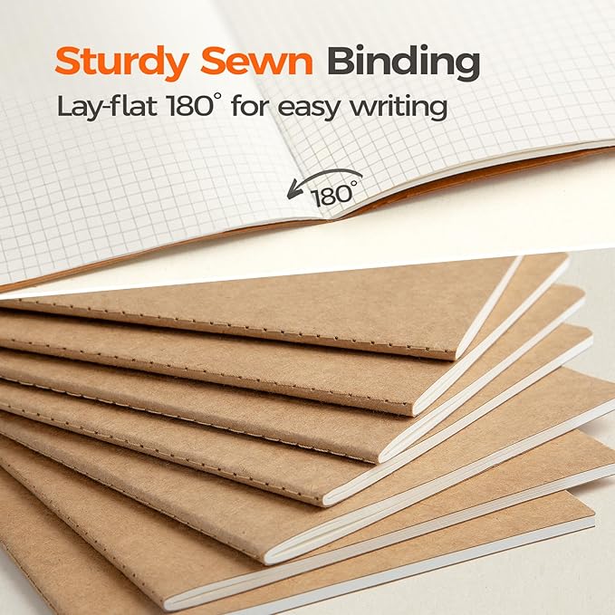 8 Pack Kraft Notebooks Bulk A5, 60 Pages Grid Graph Paper Journals, 8.3x5.5 Inches, Natural Kraft Cover Composition Notebooks for School Office Students Artists