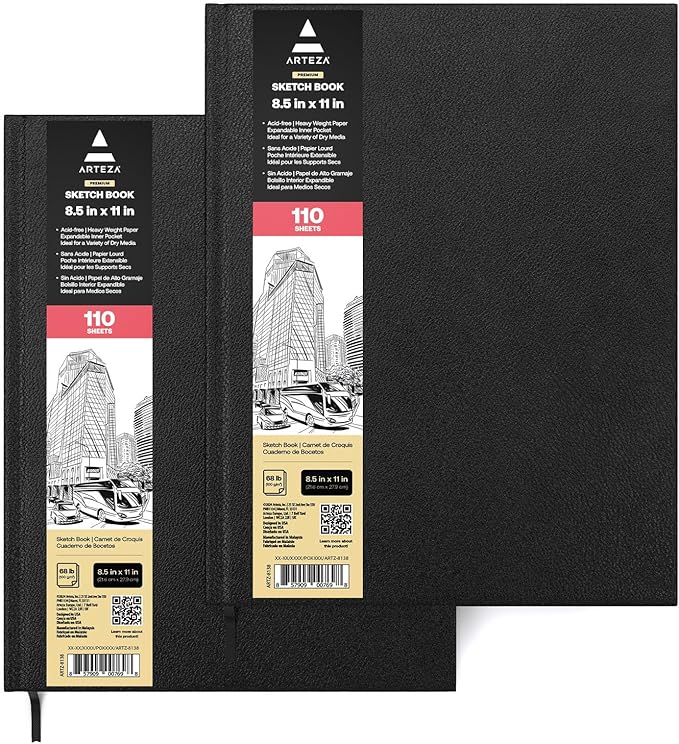 ARTEZA Hardcover Sketchbooks, 2 Pack, 8.5 x 11 in, 110 Sheets Each, 68 lb / 100 GSM Acid-Free Drawing Paper with Ribbon Bookmarks and Inner Pockets for Sketching and Journaling