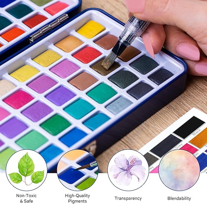 Finenolo 100 Colors Watercolor Paint Set with Metallic, Macaron & Fluorescent Colors-Professional Grade Watercolor Paints for Artists, Beginners & Illustrators, Ideal for Blending, Layering & Creative Artwork