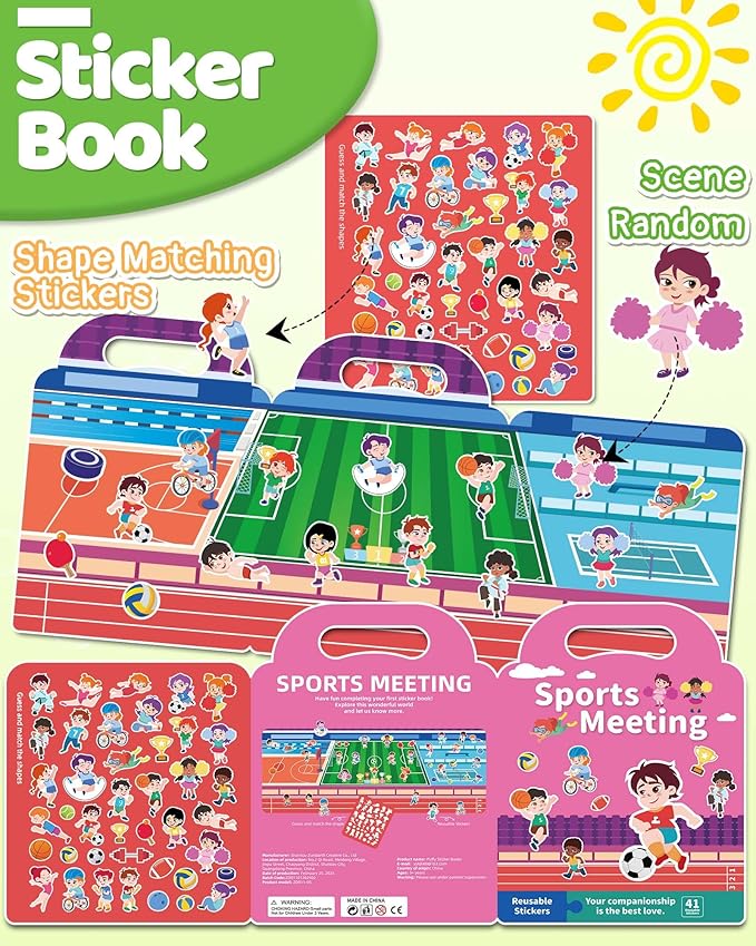 Benresive Reusable Sticker Book for Toddlers, Travel Stickers for Kids, Toddler Crafts Activities Toys, Birthday Gifts for Boys & Girls - Sports