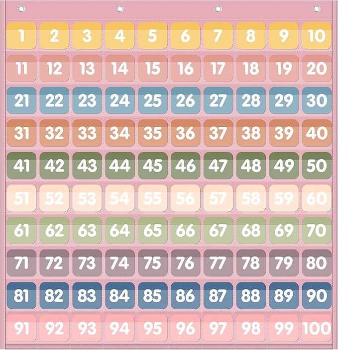 Yoink 100 Pockets Number Chart with 120 Double-Sided Number Cards, Boho Hundred Pocket Chart for Classroom Homeschool Teachers Kids Learning, Pink