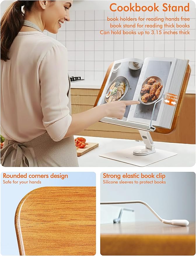 Book Stand for Reading, Adjustable Ergonomic Book Holder with 360° Rotating Base, Rubberwood Panel Cookbook Stand, Elastic Clips, for Laptop Textbooks Sheet Music Recipe Magazines Tablets.