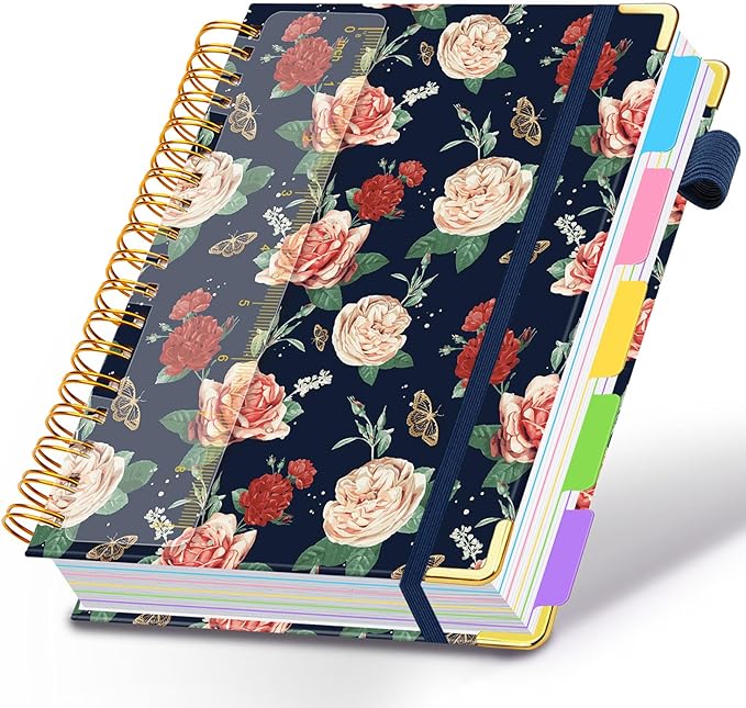 Spiral Journal Notebooks for Work, 300 Pages 5 Subject Notebook College Ruled with Dividers & Tabs, 8''x 10'' Large Notebook Journal for Women Students Note-Taking and Organizer (Velvet Bloom)
