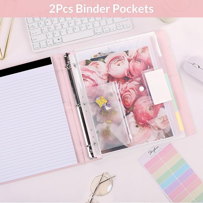 SKYDUE 3 Ring Binder with Clipboard, 13.2" × 10.2" Faux Leather 1 Inch Binder Organizer with 5 Pocket Dividers, Notepad, Labels & 2 Storage Pockets for Teachers, Students, Nurses & Office Work