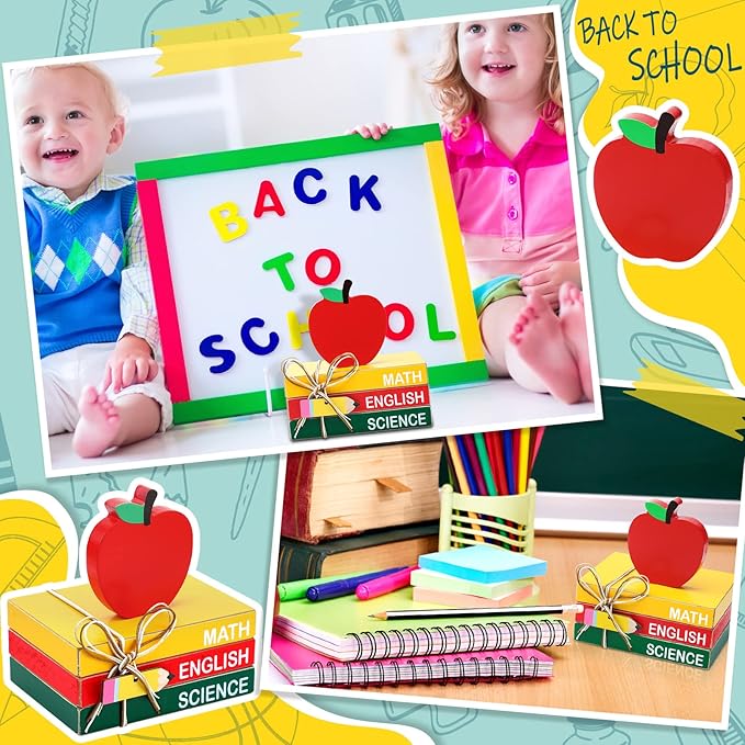 Pinkunn 4 Pcs Back to School Table Decorations, Wooden Apple Centerpiece Stacks Books Block Sign Apple Tiered Tray Decor for First Day of School Tabletop Teachers Gift for Office Classroom Desk Shelf