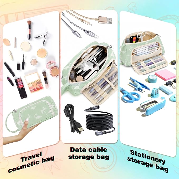 Big Capacity Pencil case,Soft Corduroy Pencil Bag with 3 Compartment Pouch Bag for School Supplies Office for Teen Girls Boys Women Man (Dinosaur)