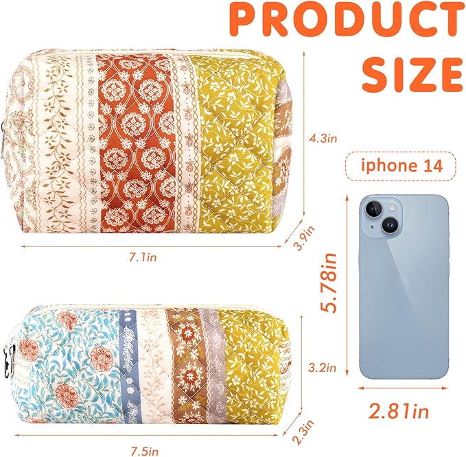 URSKYTOUS 2Pcs Floral Makeup Bag for Women Cotton Quilted Coquette Cosmetic Bag Cute Zipper Mixed Flower Makeup Pouch Aesthetic Portable Pencil Pouch Travel Toiletry Bag Trendy Cloth Skincare Bag