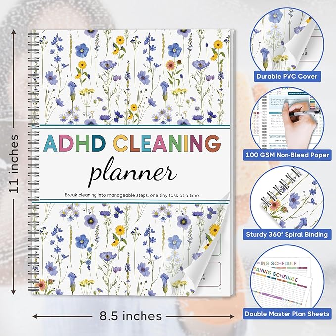 ADHD Cleaning Planner - Floral Undated Cleaning Journal & Schedule Checklist for Adults Women. Dry Erase PVC Spiral Notebook Chore Tracker for Home Management & Dopamine Menu