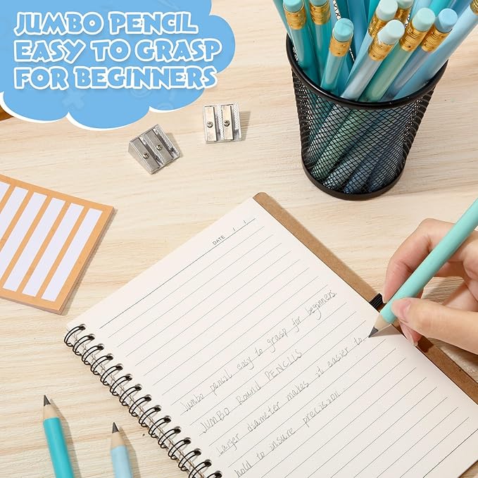 Fainne 48 Pcs Fat Pencils Jumbo Big Thick Large Pencils and 3 Pieces Sharpeners for Kids Beginners Preschoolers Kindergarten School Office Supplies(Turquoise Blue Series,Round)