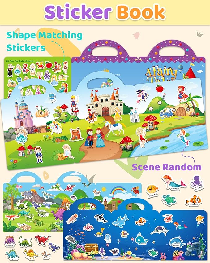 Benresive Reusable Sticker Book for Toddlers, Stickers for Kids, Travel Toys for Arts & Crafts Activities, Birthday Gift for Boys & Girls, Ocean, Fairy and Dinosaur Themes