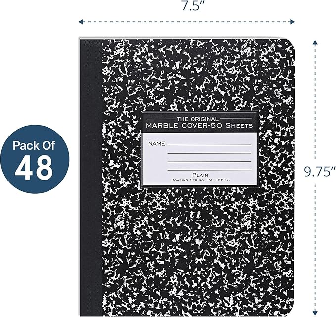 ROARING SPRING Hard Cover Composition Notebook, 48 Pack, Black Marble Comp Book, 9.75″ x 7.5″, Unruled Blank Paper, 50 Sheets (100 Pages), Made in USA
