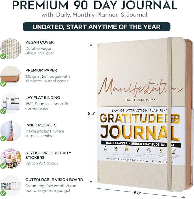 Gratitude Journal for Women and Men — 5 Minute Self Care Journal | Mindfulness, Manifestation, Affirmation | 3 Month Productivity Planner | Undated Daily Planner, Vision Board + Stickers