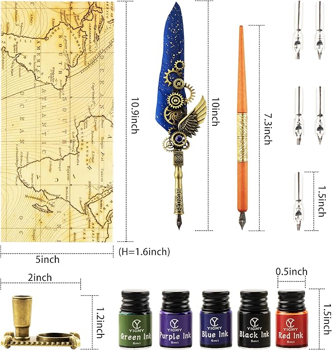 Feather Pen and Ink Set Calligraphy Kit for Beginners with Quill Pen, Antique Vintage Stationary Set for Writing, Signing & Hand Lettering Art(Blue feather)