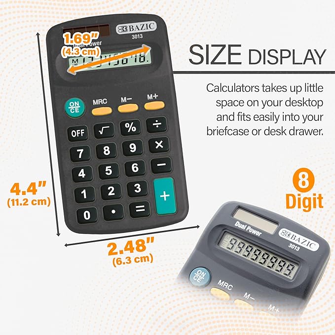 BAZIC Products 8 Digit Pocket Size Calculator, Dual Power Solar & Battery, LCD Display, Mini Small Basic Standard Function Calculators, Black Color, 1-Pack