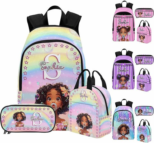 M YESCUSTOM Custom Girls Backpack Lunch Bag Set with Name, Rainbow Personalized Kids Backpack for Girls School Travel Kindergarten Bookbag Pencil Pouch