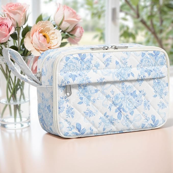 WOBAGMEN Quilted Pencil Pouch for Girls Women, Large Pencil Case Pouch with Compartments Cute Aesthetic Pencil Case Organizer, Floral Pencil Bag for School Supplies (Blue Floral Bow)