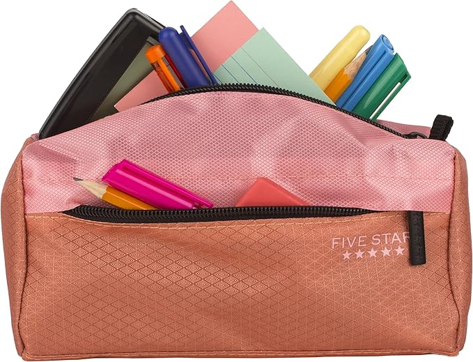 Five Star Pencil Pouch, Pen Case, 9-Pocket Zipper Pouch, Storage Organizer for School Supplies Earbuds Chargers Cables Makeup, Pink/Terracotta (500213F-ECM) (Pack of 12)