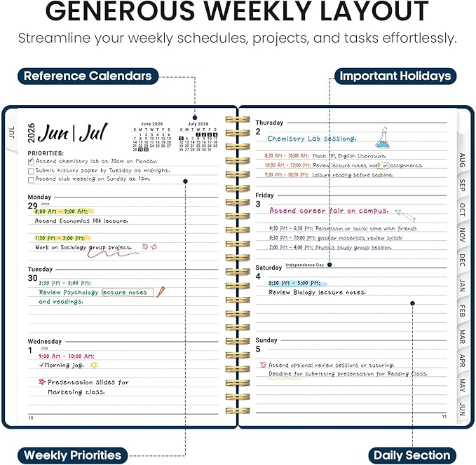 Planner 2026-2027, 6.3" x 8.5" Weekly and Monthly Academic Year Planner Calendar, July 2026 - June 2027, Hardcover Large School Planning Agenda With Tabs, Perfect for School & Office Supplies, A5, Navy Blue