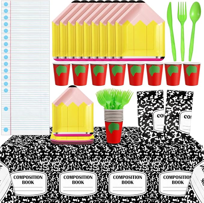 Reallnaive 146 Pcs Preschool Kindergarten Graduation Party Decoration Pencil Paper Plate Teacher First Day Back to School Party 24 Set Disposable Tableware Notebook Tablecloth for Classroom Pre K Grad