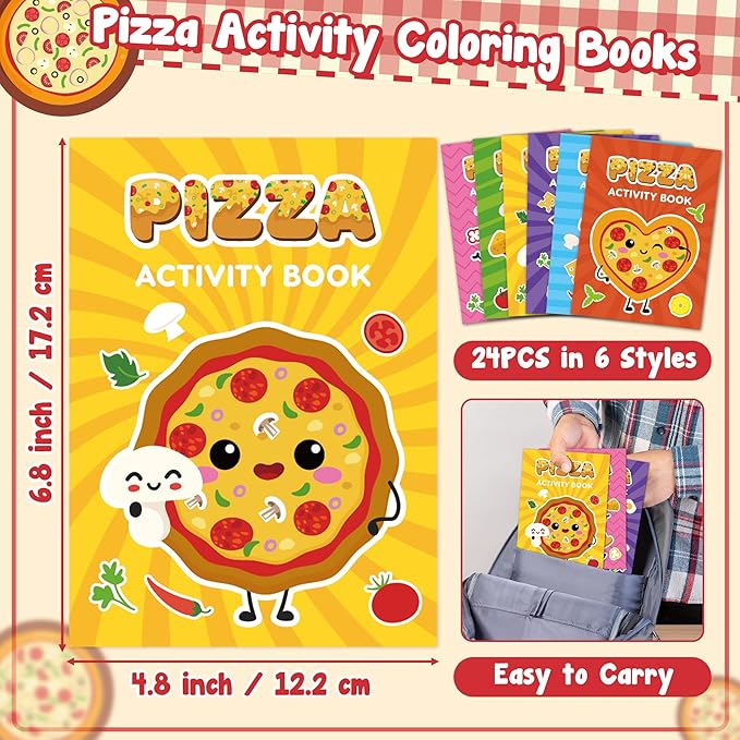 JAPBOR Pizza Activity Coloring Books - 24PCS Mini Pizzas Themed Color Activities Book Bulk for Party Favor, Delicious Food Small DIY Colour Pages for Birthday Gifts Class Drawing Painting Games