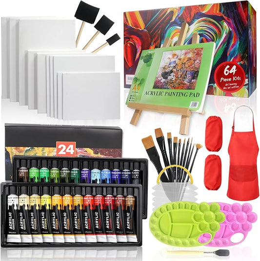 Colorful Acrylic Painting Kit | 64 Piece Painting Set with Walnut Easel, 24 Colors Acrylic Paint, Canvas, Palette, Brushes, Apron and Sleeve Set | Art Painting Supplies Kit