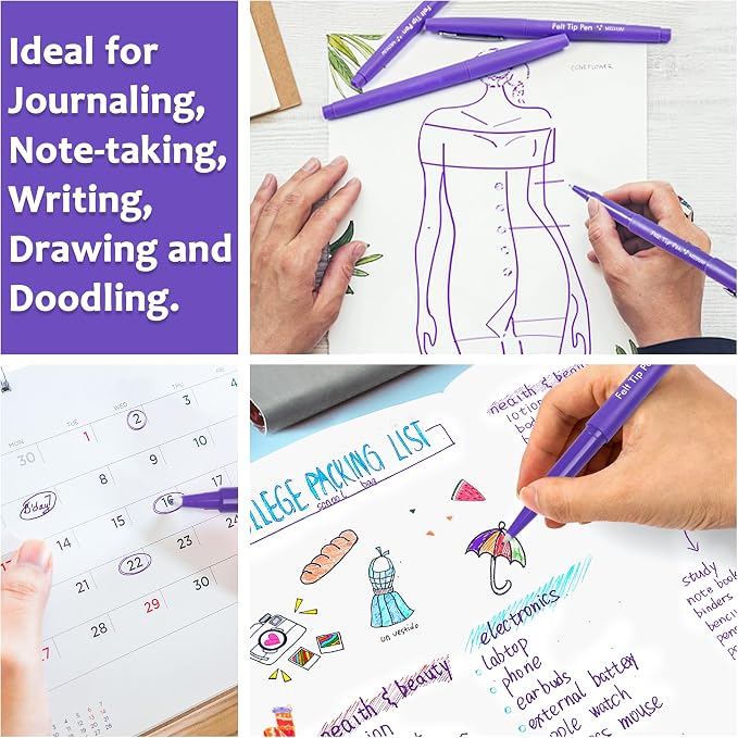 Lelix Felt Tip Pens, 60 Purple Pens, 0.7mm Medium Point, Felt Tip Markers Pens for Journaling, Writing, Note Taking, Planner, Perfect for Art Office and School Supplies