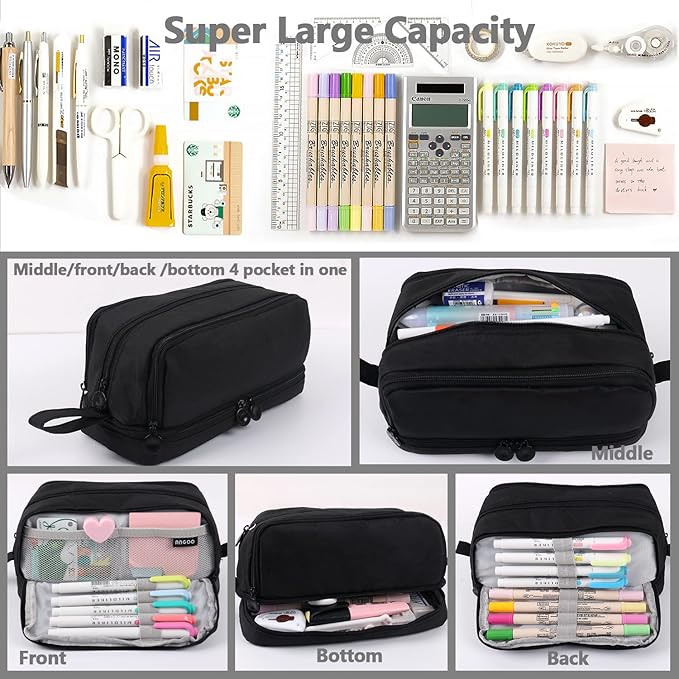 MAMUNU Large Capacity Pencil Case 4 Compartments, Pencil Pouch Bag with Zipper Portable Handle, Pen Case Bag Stationery Organizer for Office College School Adults Teen Girls Boys Men Women, Black