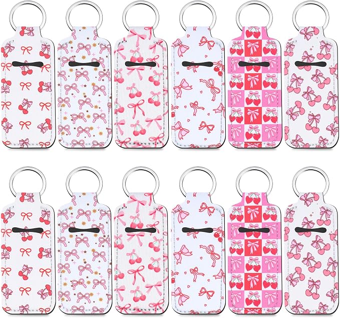 12 Pcs Pink Bow Cherry Lipstick Holder Keychain Bulk Cute Pocket Lip Balm Holder Keychain Backpack Purse Accessories for Women Lip Gloss Sleeve Pouch, 6 Style